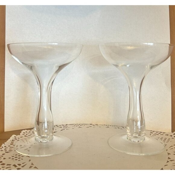 Set Of 2 Vintage Champagne Coupe Cocktail Glasses Toasting Glass Hollow Stem - Picture 1 of 4